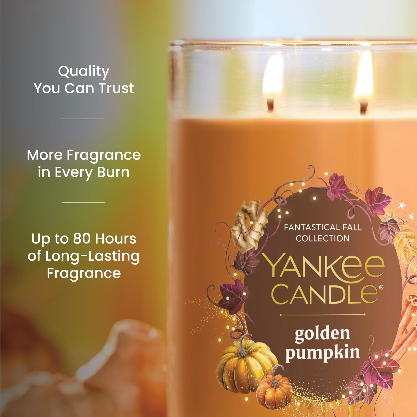Large pumpkin-scented candle with autumn design, long-lasting fragrance, and quality burn, text highlights key features